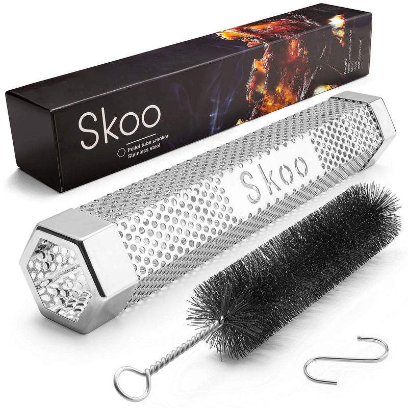 Skoo Pellet Smoker - BBQ Hexagonal Smoking Tube + Brush + Hook + Free EBook + Digital User Guide - 5 Hours of Billowing Smoke - For Electric, Gas, Charcoal Grills or Smokers - Image 1